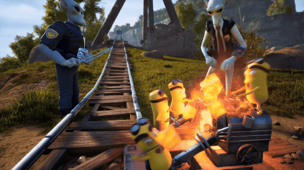 An animated GIF of manic, yellow cartoon creatures fueling a rollercoaster with sugar. A pointy-eared science officer appears and uses a device to transform the dangerous track into a smooth monorail, symbolizing blood sugar support.