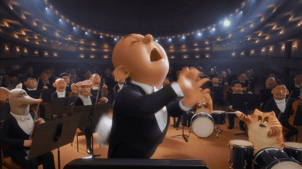 An animated GIF of a chaotic orchestra with mismatched characters playing badly. A cool rabbit conductor uses a glowing tuning fork to instantly bring them all into perfect, harmonious sync, symbolizing hormonal and anti-aging support.