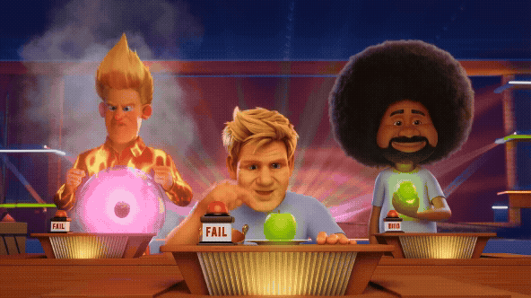  An animated GIF of Gordon Ramsay judging a cooking show. He furiously rejects Guy Fieri's flashy dish but has a blissful, winning reaction to Bob Ross's simple apple, symbolizing NOW Foods' pure, effective, and authentic supplements.