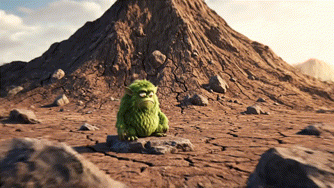 An animated GIF of a grumpy green cartoon creature on a barren mountain. A happy blue puppy waters a dead cactus with a single drop, instantly turning the entire mountain into a lush paradise, symbolizing herbal moisture support.