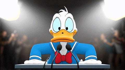  An animated GIF of an angry cartoon duck overwhelmed by microphones at a press conference. A kind, grandmotherly librarian figure calmly places a hand on his shoulder, and the chaos instantly vanishes, symbolizing Mayway's support for a calm spirit.