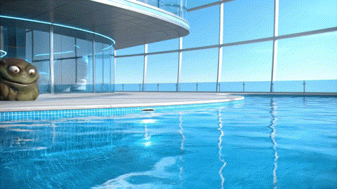 An animated GIF of a slug monster turning a clean pool into sludge. A cat lifeguard presses a button, and a giant whirlpool drains the mess instantly, symbolizing Mayway's support for expelling phlegm and restoring clarity.