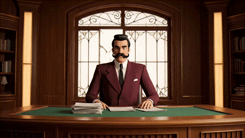 An animated GIF of a news anchor's set being thrown into chaos by a gust of wind. A calm butler appears and simply closes a window, instantly restoring perfect order, symbolizing Mayway's support against unsettling "wind" influences for stability.