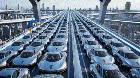 An animated GIF of a blue cartoon roadrunner causing a traffic jam. A slow turtle secret agent appears and holds up a stop sign, instantly clearing the traffic and restoring order, symbolizing Mayway's support for regulating Qi and systemic flow.