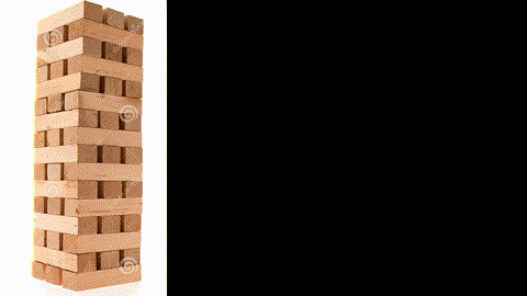 An animated GIF of a wobbly Jenga tower about to fall. A single, strong, green block is added to the base, instantly stabilizing the entire structure, symbolizing Nature's Way's support for bone, muscle, and joint health.