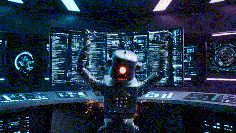 An animated GIF of a panicked robot overwhelmed by chaotic browser tabs. A nerdy girl inserts a USB drive, instantly organizing all tabs into one clean window, symbolizing Nature's Way's support for mental clarity and cognitive health.