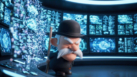 An animated GIF of a grumpy cartoon man failing to clean blurry screens. A futuristic boy gives him special sunglasses, and his vision instantly becomes perfect, symbolizing Nature's Way vision support, eye health, and blue light filtering.