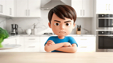 An animated GIF of a cynical cartoon boy refusing to eat broccoli. A cheerful red monster gives him a glowing gummy, which he happily eats, symbolizing Nature's Way's delicious and effective kids' health and vitamin support.