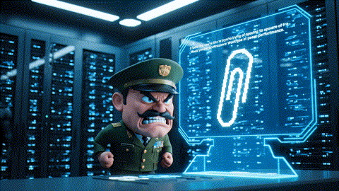 An animated GIF of an angry drill sergeant yelling at a goofy paperclip error message. A bat-like hero plugs in a green USB drive, instantly upgrading the system, symbolizing Nature's Way's support for men's health and system optimization.