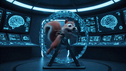  An animated GIF of a frantic squirrel powering a "STAY AWAKE" sign. A slow sloth calmly unplugs the sign, and the squirrel instantly falls asleep, symbolizing Nature's Way's effective, natural sleep and tranquility support.