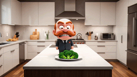 An animated GIF of a tiny, angry cartoon dictator refusing broccoli. A calm, blue-haired mother places a single gummy on the plate, and he instantly and peacefully eats everything, symbolizing NOW Foods' children's health solutions.