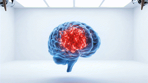 An animated GIF of a glowing brain with a tangled knot of wires. Two robotic arms appear and, with knitting needles, calmly untangle the knot perfectly, symbolizing NOW Foods' support for cognitive health and mental clarity.