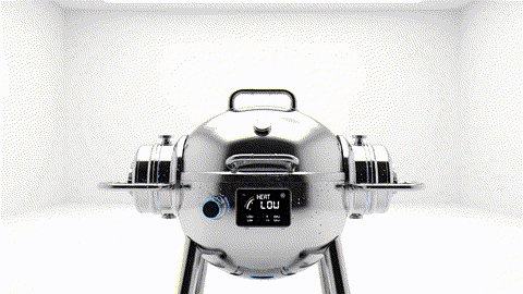 An animated GIF of a high-tech grill failing to light with wet logs. A single, perfect green charcoal is added, and the grill instantly ignites with a powerful, clean flame, symbolizing NOW Foods' metabolic and weight management support.