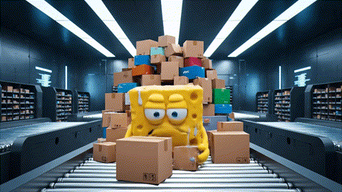  An animated GIF of a yellow cartoon character creating chaos in a mailroom. A calm butler inserts a green envelope, and the entire system instantly becomes perfectly organized, symbolizing NOW Foods' digestive and gut health support.