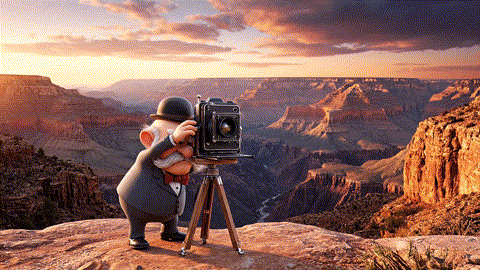 An animated GIF of a grumpy cartoon man failing to take a photo due to a blurry lens. A boy genius wipes the lens with a green cloth, instantly making the view perfect, symbolizing NOW Foods' vision and eye health support.