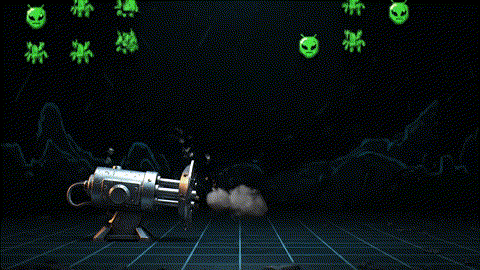 An animated GIF of a weak "Space Invaders" cannon failing to stop aliens. It gets a green capsule power-up and transforms into a powerful weapon, wiping them all out, symbolizing NOW Foods' powerful immune support and seasonal wellness.