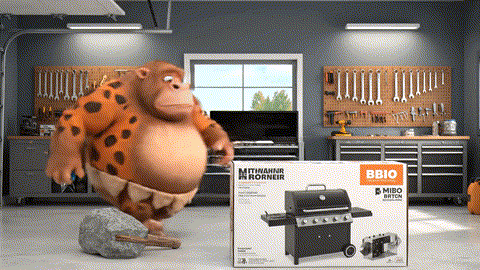An animated GIF of a prehistoric man failing to build a grill with a club. A boy genius gives him the correct tool, a tiny Allen key, and the grill assembles itself perfectly, symbolizing NOW Foods' targeted, effective men's health support.