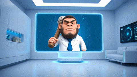  An animated GIF of a prehistoric man glitching on a video call. A boy genius replaces his modem with a new router, and his connection becomes perfect, symbolizing NOW Foods' support for a clear and calm nervous system.