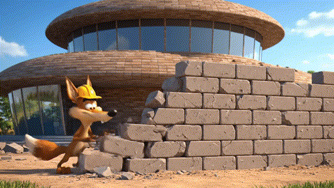 An animated GIF of a cartoon coyote's brick wall dissolving in the rain. A boy genius replaces one brick with a perfect green one, magically fortifying the entire wall, symbolizing NOW Foods' skin health and barrier support.
