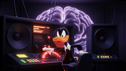 An animated GIF of an angry cartoon duck creating chaos in a radio station. A cool pink cat makes one tiny adjustment to an antenna, instantly calming the station and putting the duck to sleep, symbolizing NOW Foods sleep and mood support.