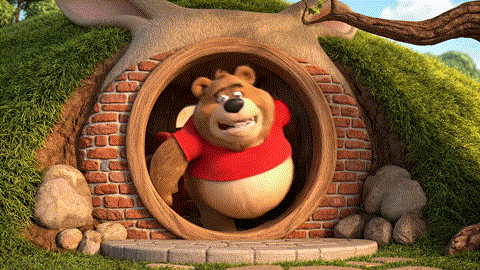 An animated GIF of a chubby cartoon bear stuck in a doorway. A wise owl shows a blueprint to open the back door, which instantly frees the bear, symbolizing Mayway's support for natural downward elimination and digestive flow.