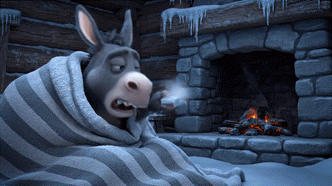 An animated GIF of a sad, cold cartoon donkey failing to light a fire. A cheerful red monster brings a single golden log that instantly creates a massive, warm fire, symbolizing Mayway's herbal support for the body's internal warmth and yang energy.