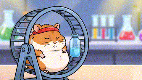 An animated GIF showing a tired, chunky hamster on a wheel who gets a burst of energy and runs at super-speed after a golden drop is added to its water, symbolizing metabolic support.