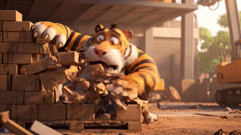  clumsy cartoon tiger failing to build a wall with wet cardboard. A tiny, angry, red-furred foreman appears, magically provides perfect green bricks, and the tiger builds a strong, glowing wall, symbolizing foundational nutritional support.