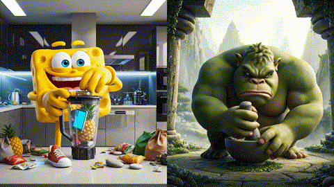  An animated GIF of an obnoxious cartoon character making a mess. A gloomy butler opens a door, and a magical leaf creates a gust of wind that gently blows the character out, symbolizing herbal formulas for seasonal wellness and external defense.