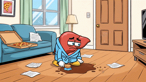 An animated GIF showing an exhausted cartoon liver cleaning a messy room. After more junk food pours in, it puts on a pair of noise-canceling headphones and finds peace, symbolizing liver support.