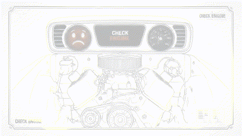 An animated GIF of a car engine blueprint with a flashing "CHECK ENGINE" light. A mechanic's hand brings a clipboard with a gear icon over it, and the light changes to a green thumbs-up, symbolizing men's health support.