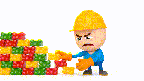 An animated GIF of a cartoon construction worker failing to build a wall with gummy bears. A drone delivers perfect golden bricks, and the worker easily builds a strong, glowing wall, symbolizing amino acid support.