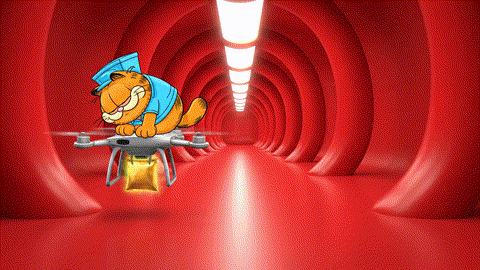 An animated GIF of a lazy, orange cartoon cat in a delivery uniform sleeping on a slow drone. A high-tech drone creates an express lane, and the cat's drone speeds up, symbolizing efficient blood cellular support.