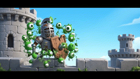 An animated GIF of a tired knight with a broken shield being overwhelmed by germs. A drone delivers a crate with a high-tech energy shield, which the knight uses to effortlessly block the germs, symbolizing immune support.