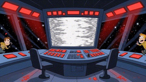 An animated GIF of a chaotic starship bridge. A calm, pointy-eared alien science officer places his hand on a console, and the chaos instantly resolves into a state of perfect order, symbolizing brain support.