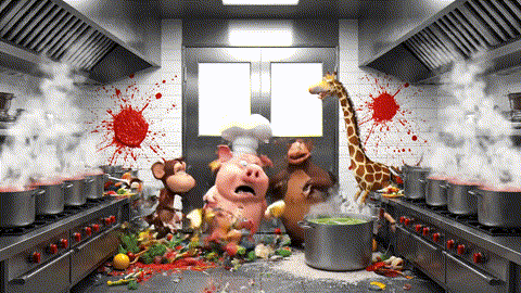 An animated GIF of a chaotic restaurant kitchen being instantly brought into perfect order by a tiny, furious, red-mustachioed cartoon cowboy pointing a golden spatula, symbolizing GI support.