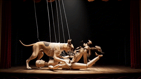 An animated GIF of a clumsy cartoon Great Dane tangled in a puppet's strings. A single golden string descends, untangles the mess, and the puppet moves gracefully, symbolizing musculoskeletal support.