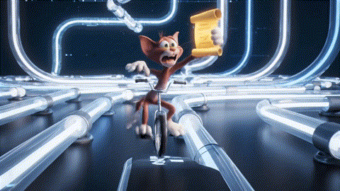  An animated GIF of a clumsy pink cartoon cat failing to deliver a message on a unicycle. A man in a suit in a helicopter uses a tractor beam to deliver it perfectly, symbolizing endocrine support.