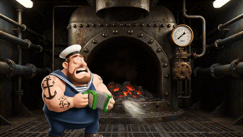 An animated GIF of a muscular, one-eyed cartoon sailor failing to light a furnace. A single spinach leaf falls in and ignites a powerful fire, and the sailor flexes his huge bicep, symbolizing stamina and energy support.