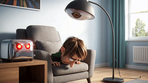 An animated GIF of a terrified, lanky cartoon slacker being menaced by angry furniture. A tiny, green, alien master gives him a cup of tea, and everything instantly becomes calm and normal, symbolizing stress support.