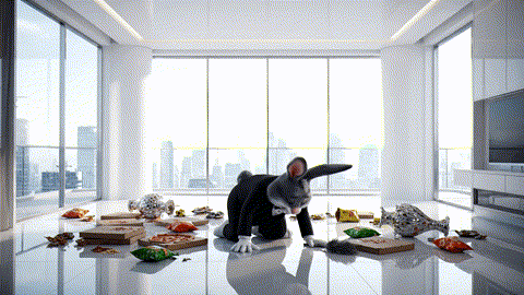 An animated GIF of a rabbit butler trying to clean a trashed penthouse with a feather duster. A drone delivers a glowing broccoli floret, which magically cleans the entire room instantly, symbolizing liver and cleanse support.