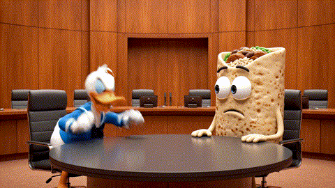 An animated GIF of an angry cartoon duck in a sailor suit arguing with a burrito. A calm rabbit diplomat places an olive branch between them, and they instantly make peace, symbolizing digestive support.