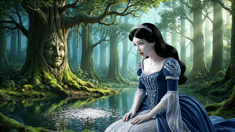 An animated GIF of a fairytale princess with a dull reflection in a pond. A wise tree gives her a glowing flower petal, which she eats, and her reflection instantly becomes vibrant and radiant, symbolizing beauty support from within.