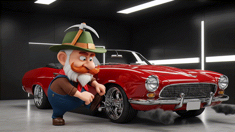  An animated GIF of a short, angry, white-bearded prospector failing to start a classic car. A single green leaf floats into the gas tank, and the car instantly starts and runs perfectly, symbolizing men's health support.