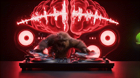 An animated GIF of a chaotic, spinning cartoon creature DJing wildly. A wise, ancient tortoise places a leaf on the turntable, and the scene instantly becomes calm and peaceful, symbolizing sleep support.