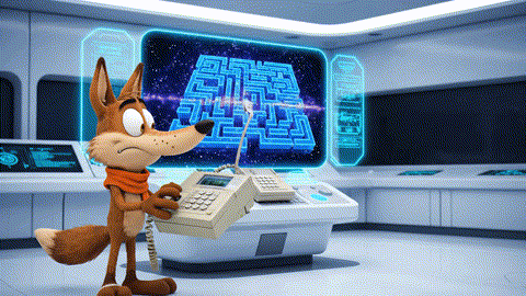  An animated GIF of a cartoon coyote failing to solve a maze with a dial-up modem. A super-fast blue hedgehog plugs in a new vine-like cable, and the maze is solved instantly, symbolizing brain and cognitive support.