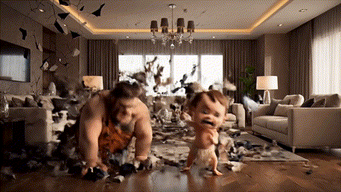 An animated GIF of a prehistoric cartoon father overwhelmed by his toddler's tantrum. A magical nanny gives him a glowing lollipop to give to the child, who instantly calms down, symbolizing gentle support for children.