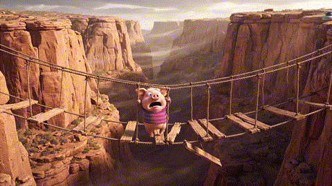 An animated GIF of a tiny, terrified cartoon piglet on a flimsy rope bridge. A drone projects a blueprint onto it, instantly transforming it into a solid, modern bridge, symbolizing foundational strengthening and support.