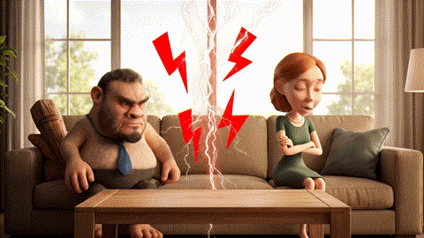 An animated GIF of a prehistoric cartoon husband and wife angrily ignoring each other. A rabbit therapist places a plant between them, and they instantly smile and hold hands, symbolizing internal harmony and support.