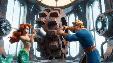 An animated GIF of a cartoon mermaid and prince failing to move a rusty gear. A wise mandrill gives them two puzzle pieces, which they connect, and the gear instantly begins to work perfectly, symbolizing hormonal and reproductive support.